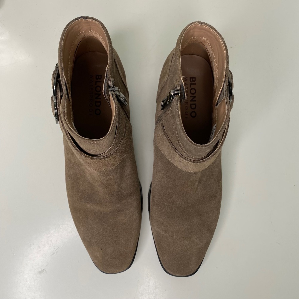 Blondo Shanna Waterproof Suede Ankle Boots Taupe Brown Moto Booties Zip Size 8 - Picture 5 of 12